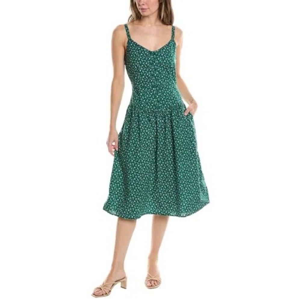 Nation LTD lucia sun dress Green Floral Pima Cotton Midi Smocked Back XS cottage